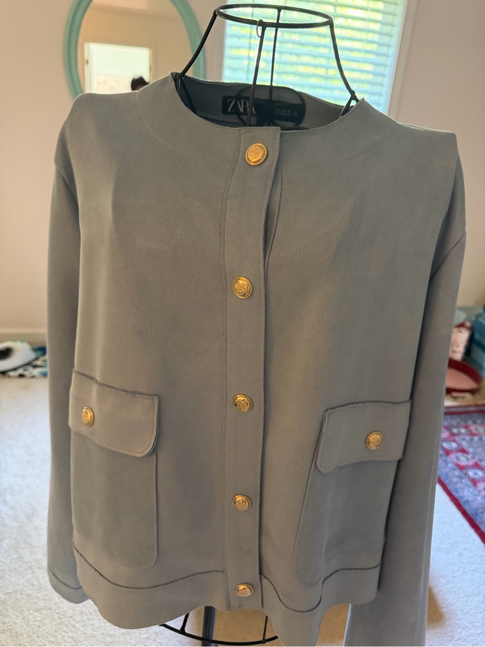Zara Gray Round-Neck Blazer with Gold Buttons